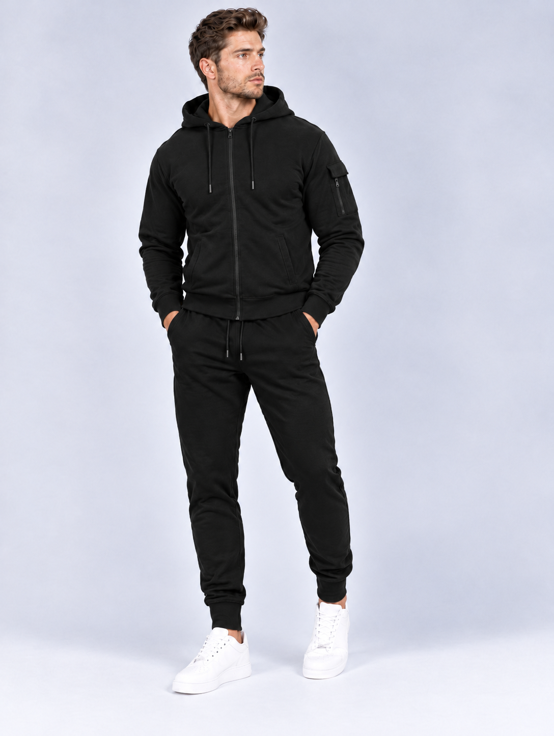 Men’s Black Full Zip Hoodie & Cargo Joggers Tracksuit Set