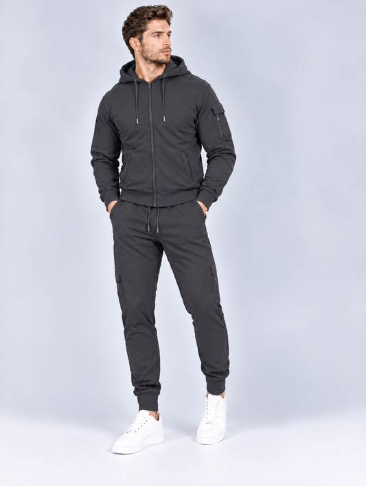 Men’s Full-Zip Hoodie & Cargo Jogger Tracksuit  Gun Metal