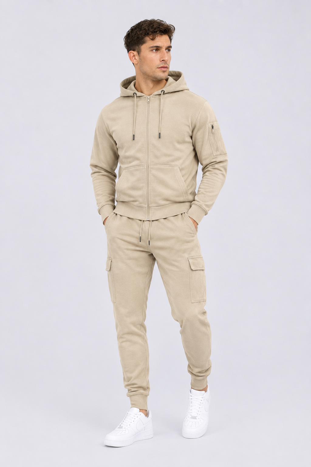 Men’s Full-Zip Hoodie & Cargo Jogger Tracksuit Skin Beige