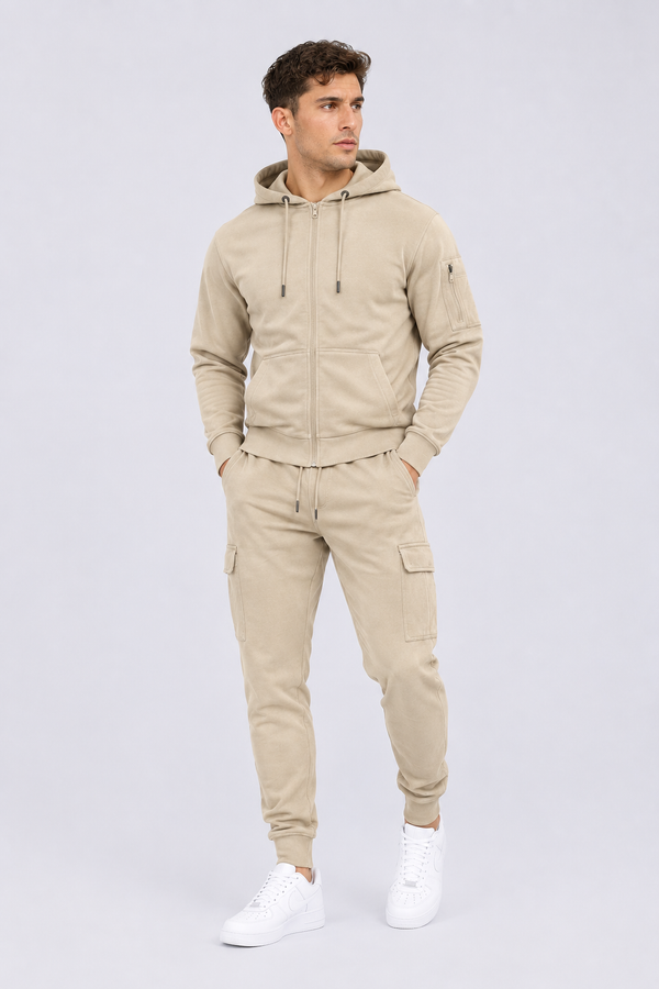 Men’s Full-Zip Hoodie & Cargo Jogger Tracksuit Skin Beige