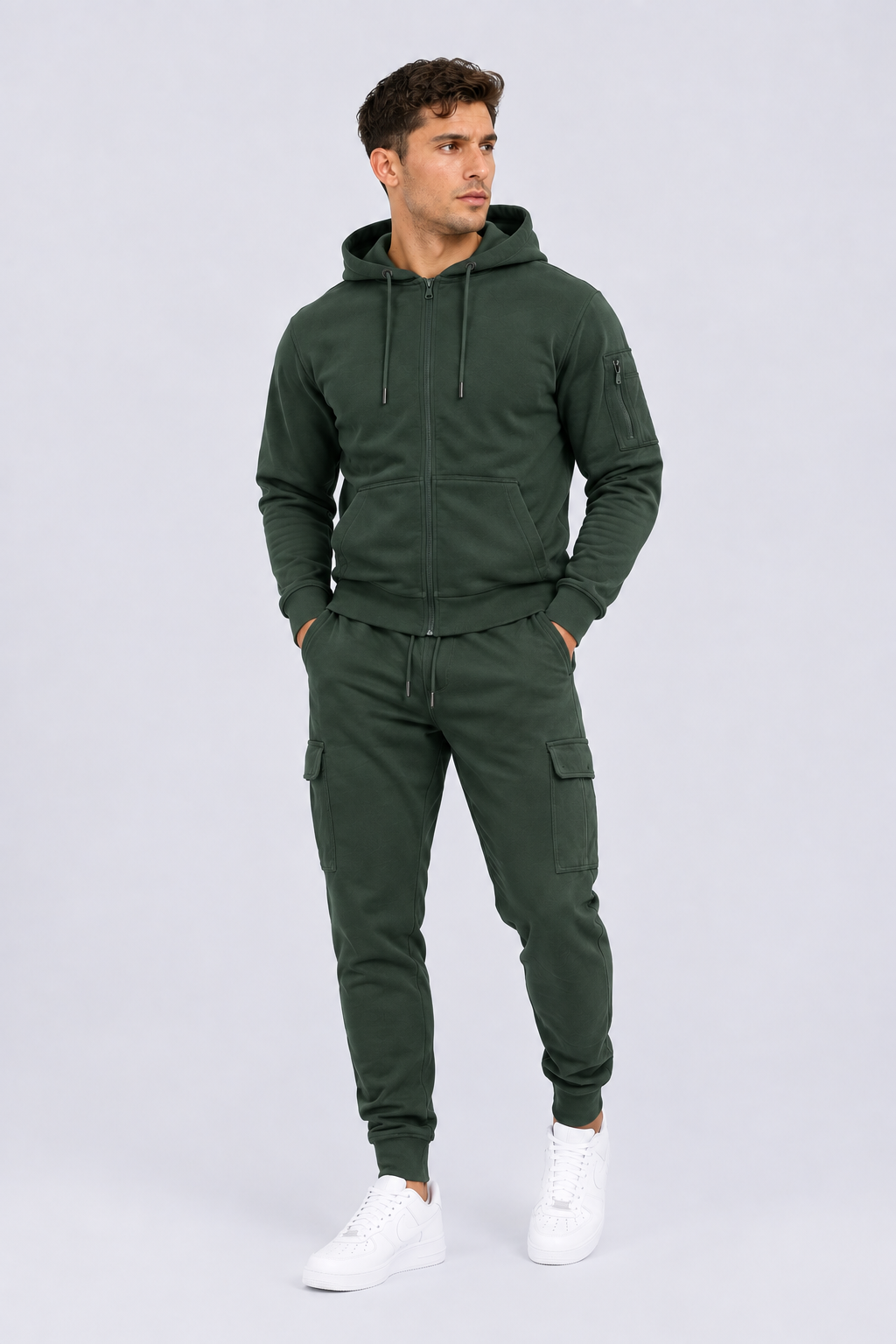 Men’s Full-Zip Hoodie & Cargo Jogger Tracksuit  Slate Green