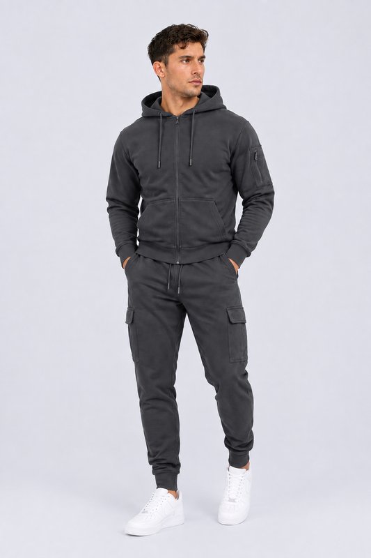 Men’s Full-Zip Hoodie & Cargo Jogger Tracksuit  Gun Metal