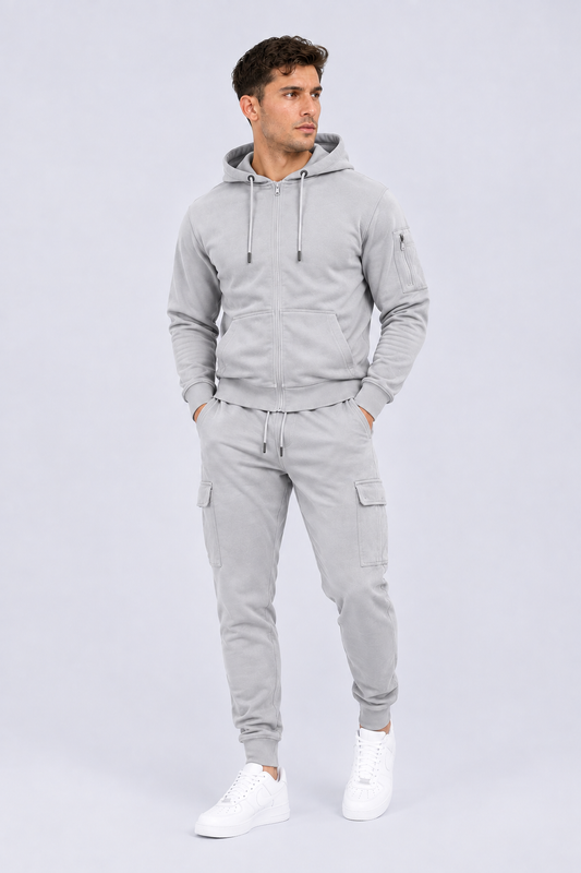 Men’s Silver Grey Full Zip Hoodie & Cargo Joggers Tracksuit Set