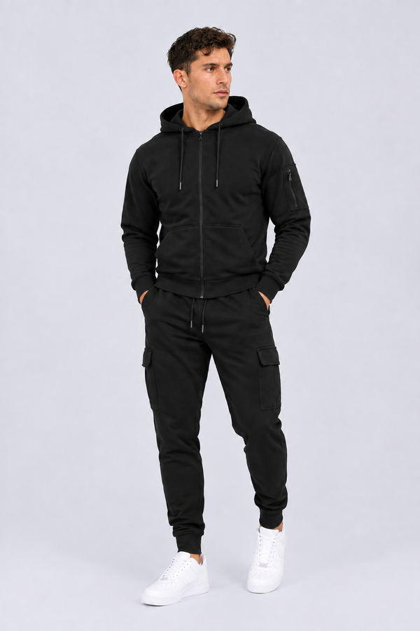 Men’s Black Full Zip Hoodie & Cargo Joggers Tracksuit Set