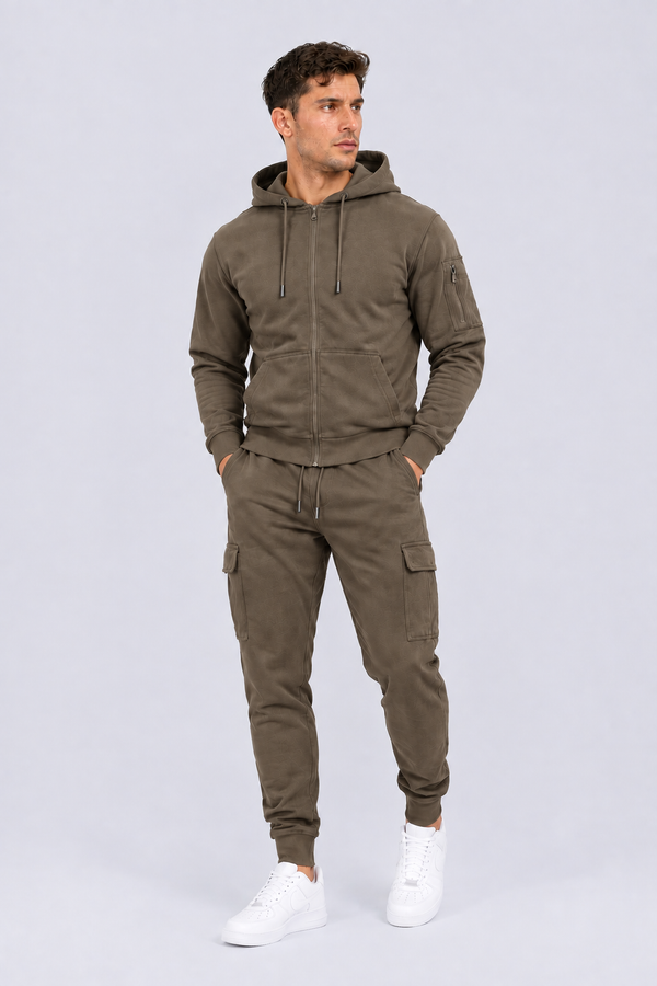 Men’s Mouse Brown Full Zip Hoodie & Cargo Joggers Tracksuit Set