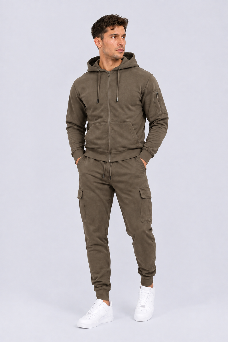 Men’s Mouse Brown Full Zip Hoodie & Cargo Joggers Tracksuit Set