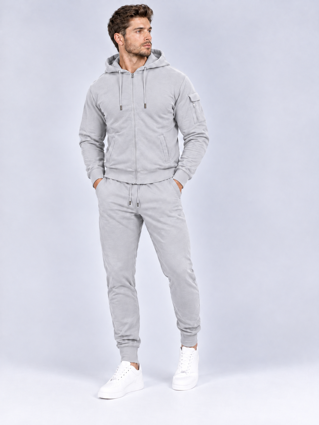 Men’s Silver Grey Full Zip Hoodie & Cargo Joggers Tracksuit Set